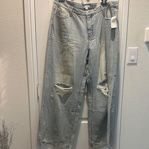 Casual Light Blue Distressed Wide Leg Jeans
